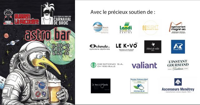Carnaval de Broc, c’est ce week-end ! 

Comme chaque années nous créons notre propre bar pour l’occasion ! 
Du 28 février au 2 mars, l’Astrobar ouvrira ses portes ! 🍻

Un grand merci à nos sponsors ainsi qu’au @carnavalbroc car sans eux tout ça serait impossible 🙏 #carnaval #guggenmusik #broc #guggen